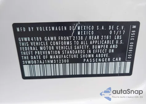 2017 Volkswagen Jetta 1.4T Se из США, поврежденный, VIN 3VWDB7AJ1HM312300